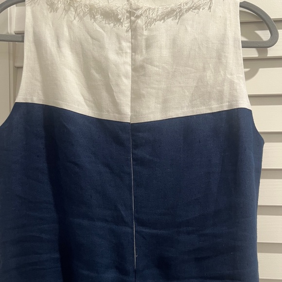 Preppy White and Navy Linen Dress with high collar and fringe detail size S - Picture 4 of 5
